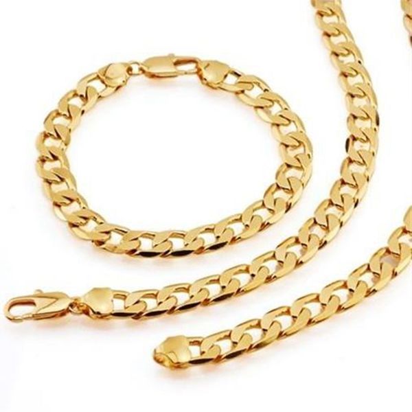 

cuban chain set 18 yellow gold filled womens mens necklace bracelet set "23.6+8.6", Silver