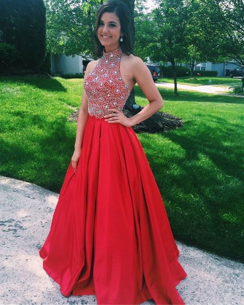 

red prom party dress long satin evening dress featuring rhinestone beaded bodice with halter neckline, Black