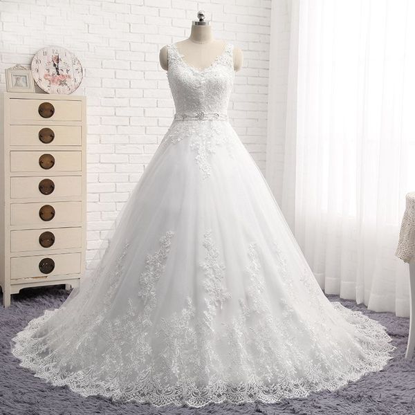 

vestido de noiva new design ball gown lace wedding dresses 2019 v-neck beaded sash backless vintage wedding gowns, White