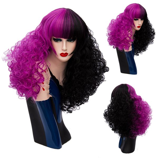New Curly Hair Wigs Mix Color Half Black Half Purple Synthetic Wig