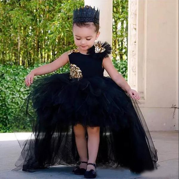 2017 Lovely Flower Girl Dresses Nero Tulle Oro Paillettes Fatto a mano Fiore Ball Gown Vintage Pageant Brithday Party Gown Custom Made EN1010