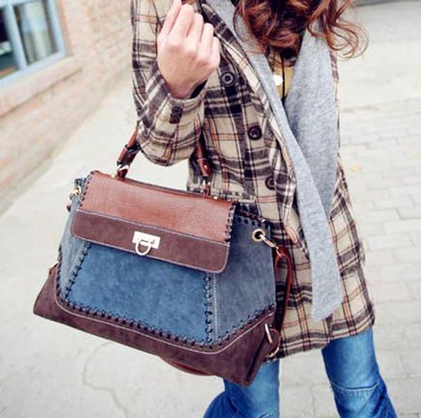 

2017 cross version korean bag the new denim matte stitching of retro bag denim two-tone distressed handbag shipping tnpak, Red;black