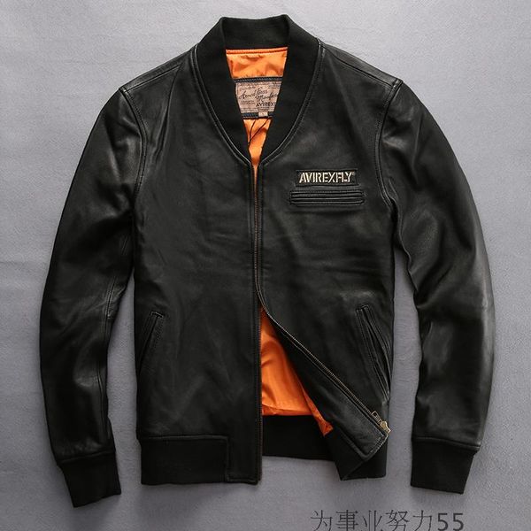 

avirexfly men leather jackets baseball uniform flocking sheep skin 100% genuine leather jackets motorcycle jackets, Black