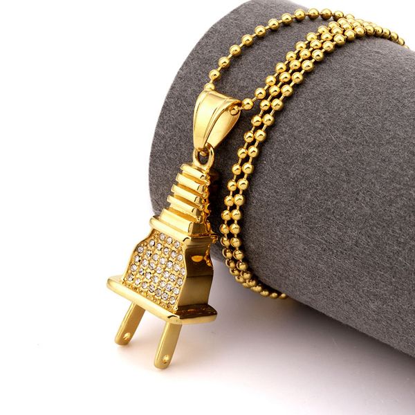 2016 New Arrival Plug Pingente de Strass 18 K Contas de Ouro Correntes Colar Pingentes de Hip Hop Cor do Ouro Para Mulheres Dos Homens de Hip-Hop Bling Jóias