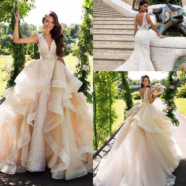 

milla nova detachable train mermaid wedding dresses modest lace organza garden dubai arabic overskirt castle wedding bridal gown, White