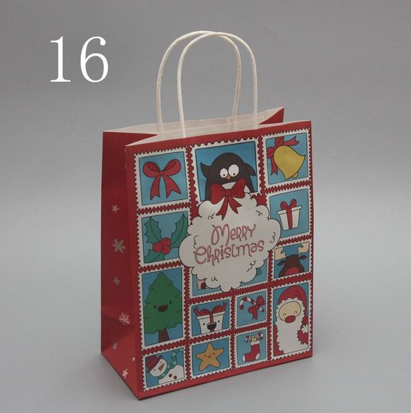 2023 Sacchetti di carta Kraft natalizi in 16 stili di piccole dimensioni con manici Sacchetti per imballaggio regalo per festival di Natale