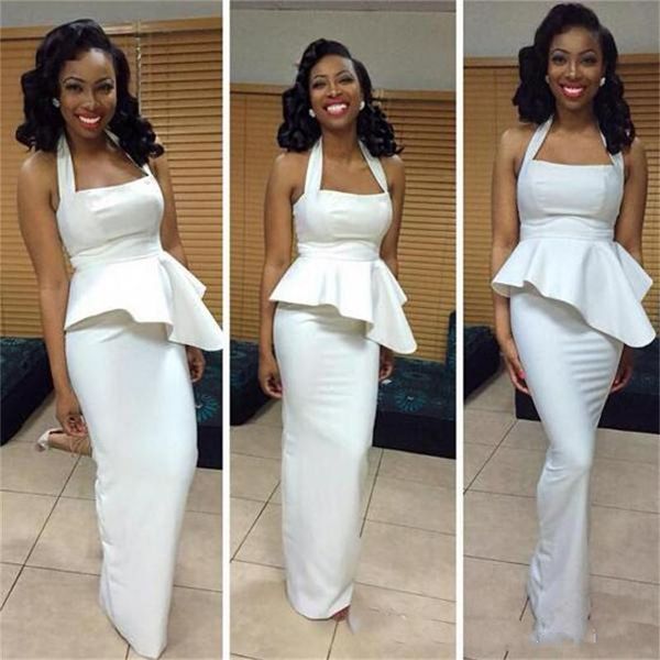 

white halter black prom dresses 2017 sheath peplum floor length evening gowns backless satin formal party dresses bridesmaid dress