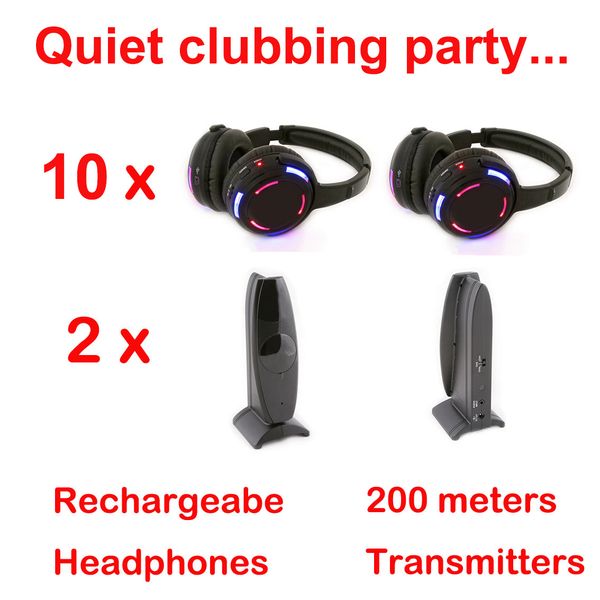 Sistema silencioso Sistema completo de fones de ouvido sem fio LED preto - pacote silencioso de festas de discoteca, incluindo 10 receptores e 2 transmissores