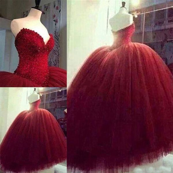 Fabuloso escuro vermelho quinceanera vestidos inchado bola desdobramento decote neckline frisado lantejoulas top luxo doce 16 vestido feito sob encomenda
