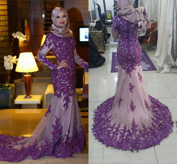 

роскошные высокое мусульманских шеи вечерние платья формальные фиолетовый appliqeus кружева русалка тюль длинные рукава платья выпускного ве, Black;red