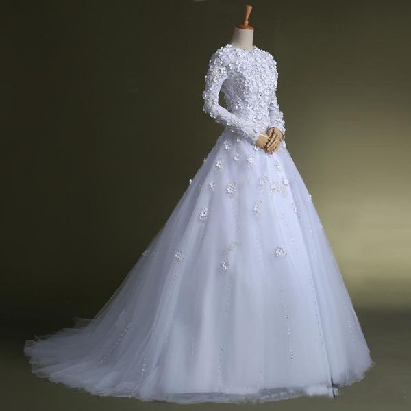 

new muslim wedding dresses modest long sleeve jewel neck beaded appliques flowers tulle a line bridal gowns custom made, White