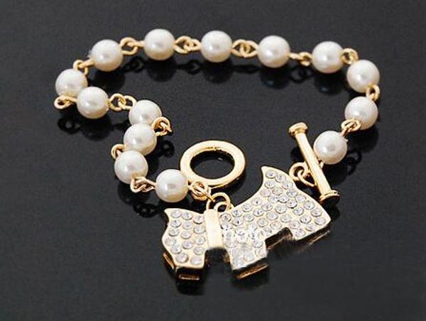 

golden cute bling rhinestone pearl dog link charm bracelet pearl dog pendant bracelet love bracelet jewelry christmas gift, Golden;silver