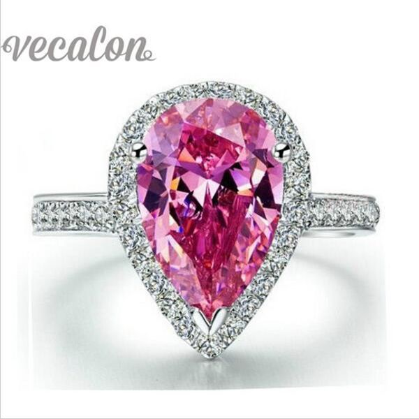 

vecalon fashion ring pear cut 4ct pink cz diamond engagement wedding band ring for women 925 sterling silver female finger ring, Golden;silver