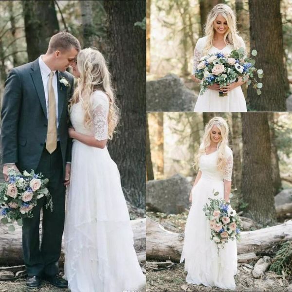 

western country bohemian forest wedding dresses lace chiffon modest v neck half sleeves long bridal gowns plus size dress for wedd2766, White