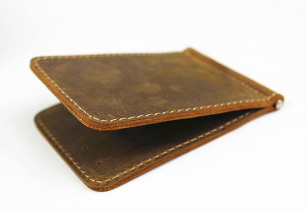 

high qulaity crazy leather retro men money clip thick leather genuine leather clip dollar price metal money wallet card purse, Black