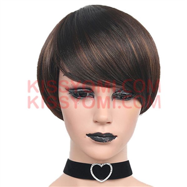 

capless women short straight synthetic hair dark brown ombre light brown wigs lolita drag party celebrity heat resistant wig, Black