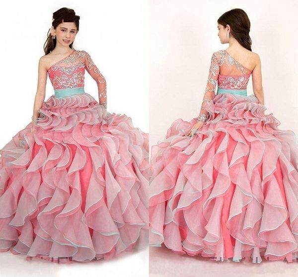 Ein-Schulter-Bodenlang-Ballkleid mit Kristallen, luxuriöse Kinder-Formalkleidung, müder Rock, Blumenmädchenkleider, Festzugskleider für kleine Mädchen