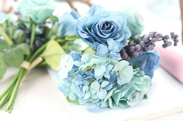 

Blue artificial rose bouquet wedding creative decorations diameter about 21cm include rose, hydrangea and berries free shipping WT037