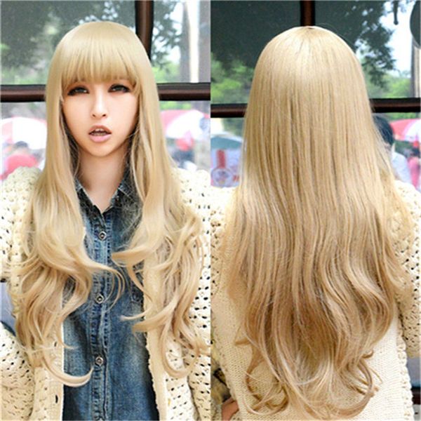 

woodfestival women wig with bangs long curly blonde wigs natural heat resistant synthetic fiber hair wavy fashion, Black