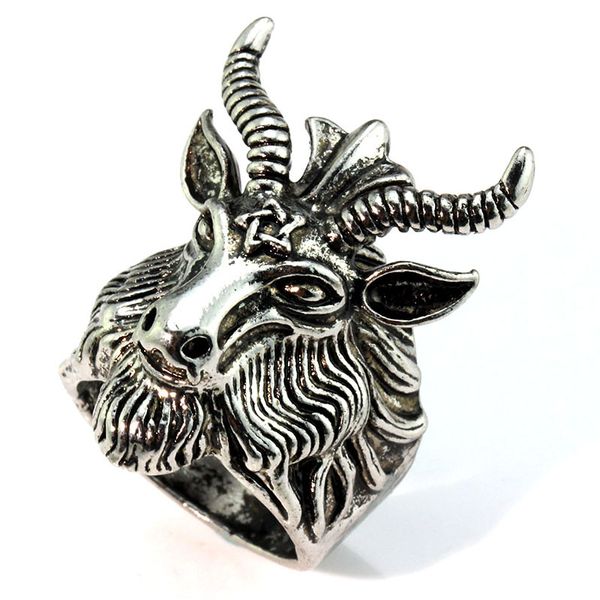 

wholesale- mms men ring jewelry vintage satan worship baphomet ram aries zodiac sheep goat head horn biker ring wicca star baphomet ring, Golden;silver