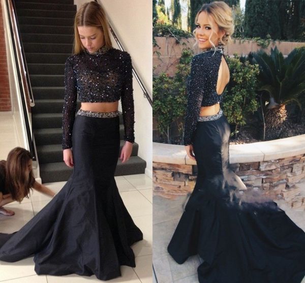 

custom black mermaid taffeta evening dress elegant high neck beaded long formal evening dresses two piece backless evening gowns sleeve, Black;red