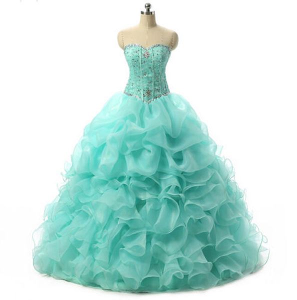 Barato Mint Quinceanera Vestidos 2021 Bola vestido com cristais frisados ​​Prom doce 16 vestido tamanho estoque 2-4- 6-8-10-12-14-16 QC185