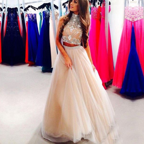 

two piece long prom dress pearls crystal girls sparkly graduation party dress high neck formal evening gowns, Black
