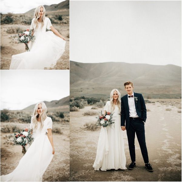 

2018 простой пляж страна свадебные платья линия v шеи шифон с коротким рукавом развертки поезд дешевые свадебные платья на заказ, White