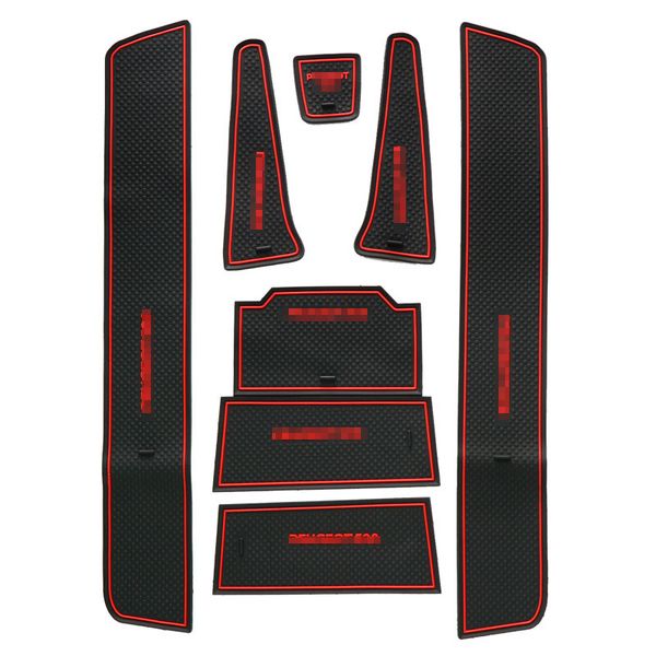 

8pcs interior non-slip door cup holder black rubber mats red line for peugeot 508