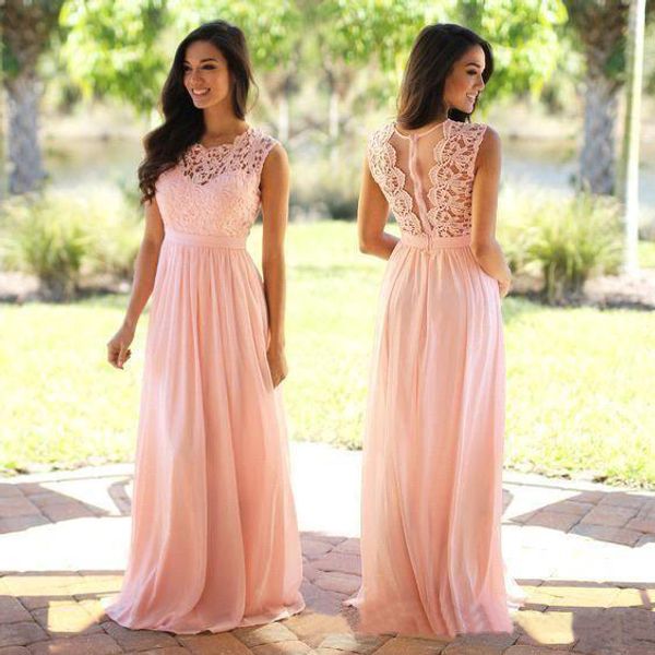 

2018 blu h pink age lace chiffon bride maid dre heer neck lace zipper back floor length maid of honor bride maid dre e long