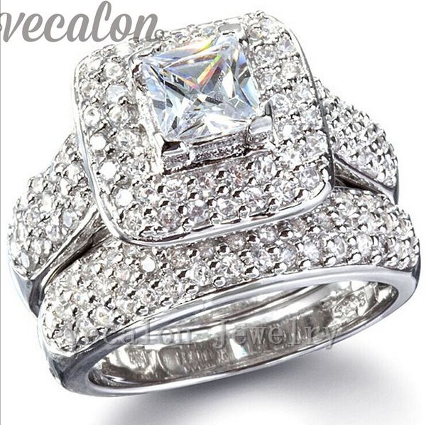 

vecalon 130pcs z simulated diamond cz engagement wedding band ring set for women 14kt white gold filled party ring, Slivery;golden