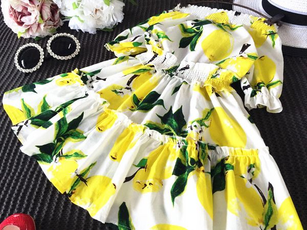 

prettybaby 2016 summer girls lemon dresses short sleeves narrow waist reveal the shoulders bohemian style girls clothes ing, Red;yellow