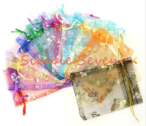 

[simple seven] 100pcs 7x9cm gloden/silver butterfly organza packing packaging drawable wedding gift muti colors jewelry bags&pouches, Pink;blue
