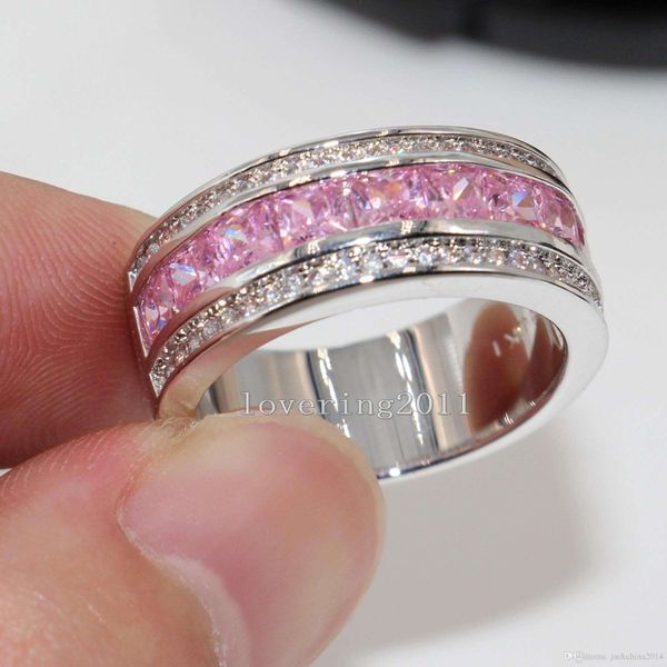 Princess CUT Luxus schöner rosa Saphir Diamonique 10KT Weißgold gefüllt Frauen simulierter Diamant Hochzeit Verlobung Pandora Ring Geschenk Sz5-11