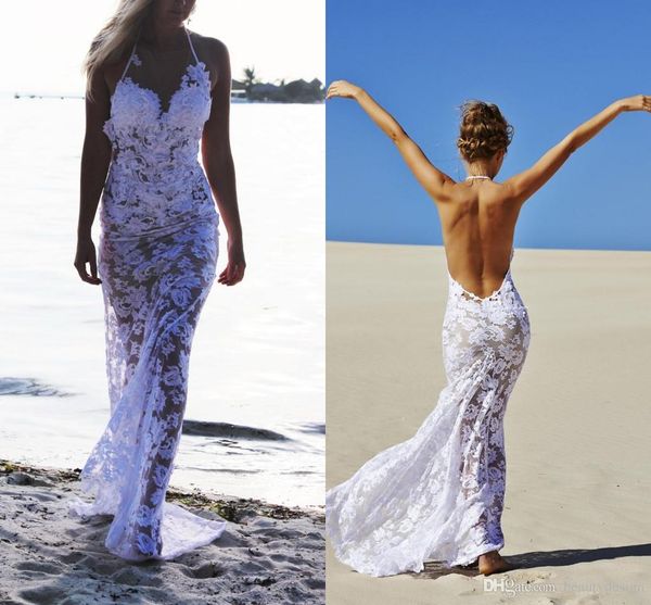 

прохладный sexy 2020 sea beach full lace оболочка свадебные платья свадебные холтер платья белые аппликаций открытой спиной русалочка see th, White