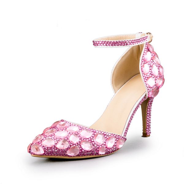 New Fashion Crystal Diamond Sandals Pointed Toe Pink Wedding Shoes