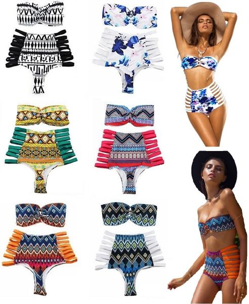 

printed halter bikini wire padded swimwear high waist bandeau bathing suit hollow out swimsuit brazilian biquini, White;black
