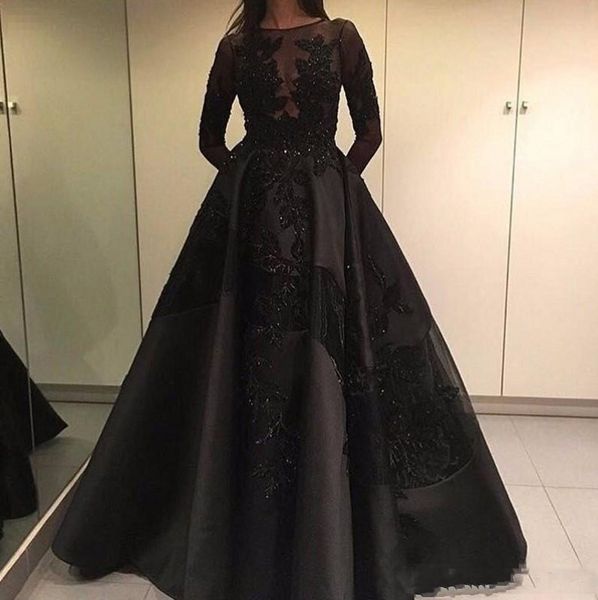 2024 Modest Zuhair Murad Formale Abend-Promi-Kleider Abnehmbarer Zug Schwarze Spitze Langarm Arabisch Dubai Fashion Prom Party Kleider 080