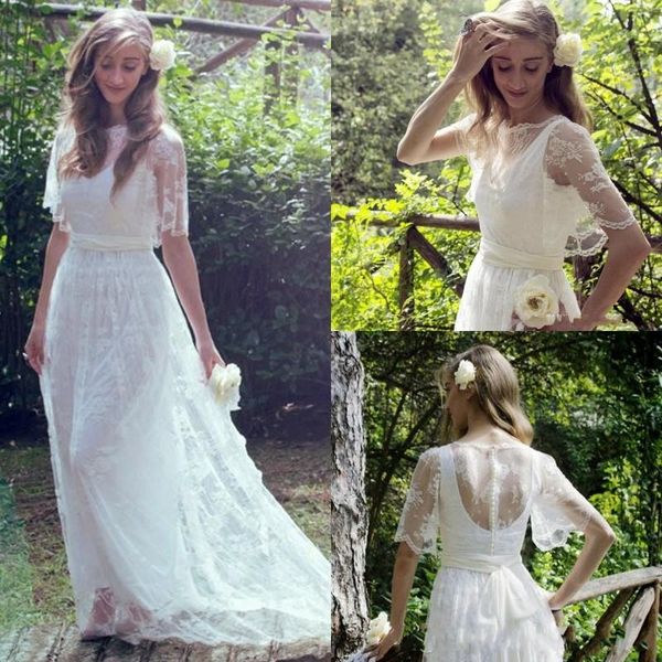 

bohemian fairy lace wedding dress jewel half sleeves long sheer modest country sweep train beach maternity bridal gowns, White