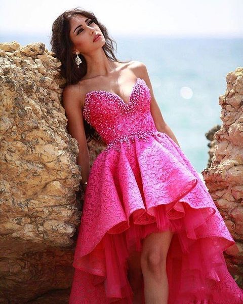 

pink girl prom dresses sweetheart open back a- line party dresses lace ruffle pearl beaded evening dress high low prom gowns, Black