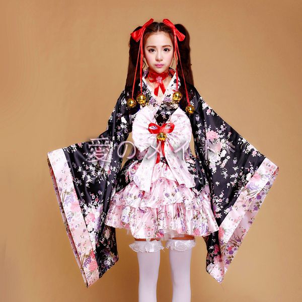 

wholesale-plus size s-3xl japanese cherry blossoms kimono halloween heavy sakura cosplay anime outfit maid lolita costume princess dress, Black