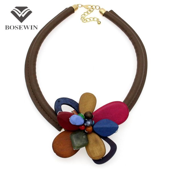 

fashion Statement Flower Necklace Women Fashion Leather Torques Wood Bead Chokers Bib Collares Maxi Necklaces & Pendants Collier