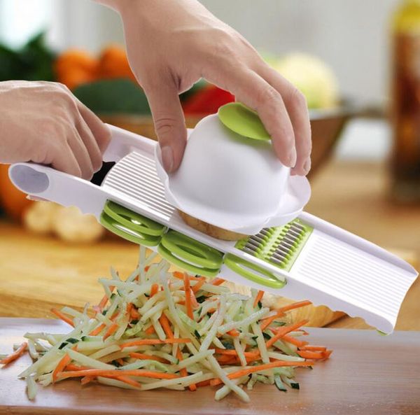 Affettatrice per frutta e verdura in plastica multifunzione 5 in 1 Taglierina Lame regolabili in acciaio inossidabile ABS Peeler Grattugia Affettatrice