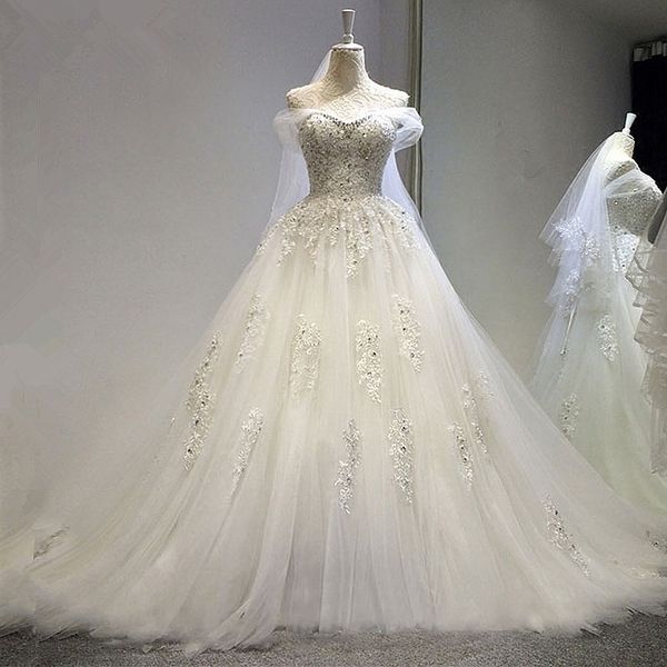 

bateau neck beaded appliques ball gown wedding dress with crystal 2016 court train bridal gowns lace up, White