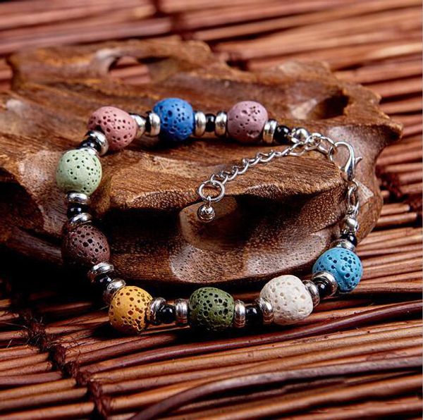 

Fashion Bohemian Lava Stone Multicolor Bracelets Bangles For Women Jewelry Silver Plated Essential Oil Diffuser Bracelet