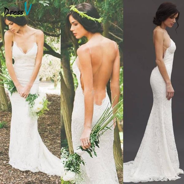 

2019 Sexy Backless Spring Lace Wedding Dresses Deep V-Neck Mermaid Garden Summer Sweep Train Beach Bridal Gowns Vestidos De Novia