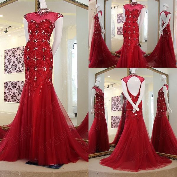 

elegant high neck crystals beaded evening gowns 2017 cap sleeve red tulle mermaid prom dresses open backless formal party dresses, Black;red