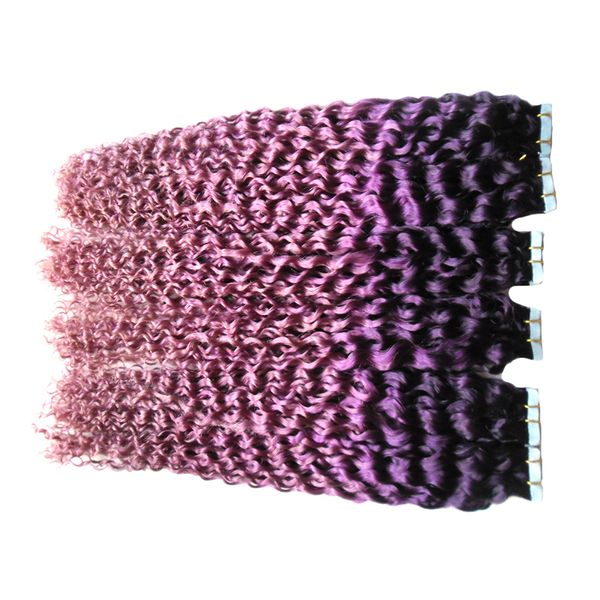 Estensioni capelli ombre 120pcs umano nastro in crespi viola / rosa trama della pelle nastro estensioni dei capelli 300g nastro adesivo trama della pelle dei capelli