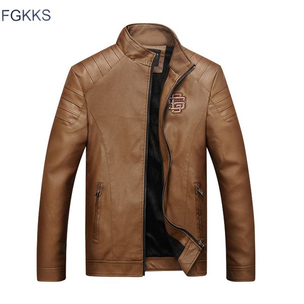 

wholesale- fgkks men's leather jackets autumn and winter faux leather motorcycle jackets leather thick coats outerwear for male clothin, Black