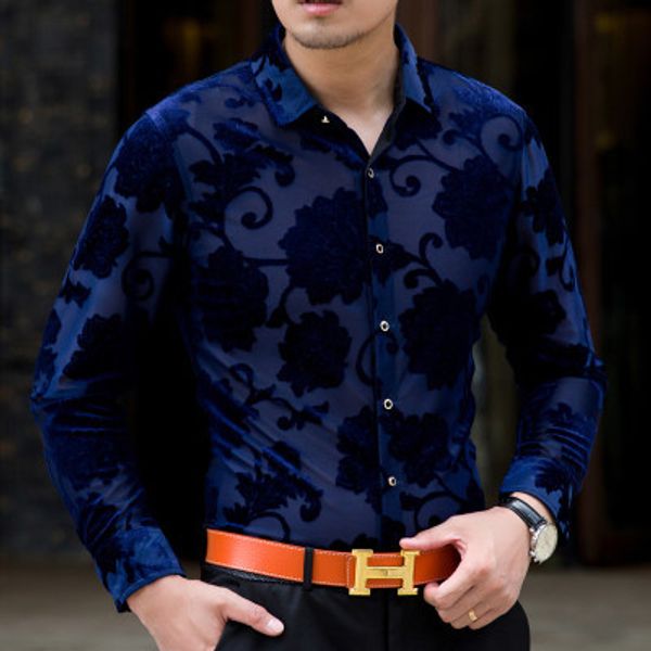 

2016 Mens Black Shirts Camisas Flower Shirts Mens See Through Shirts Trendy Dress Shirts Sexy Mesh Transparente Fashion 3XL Club